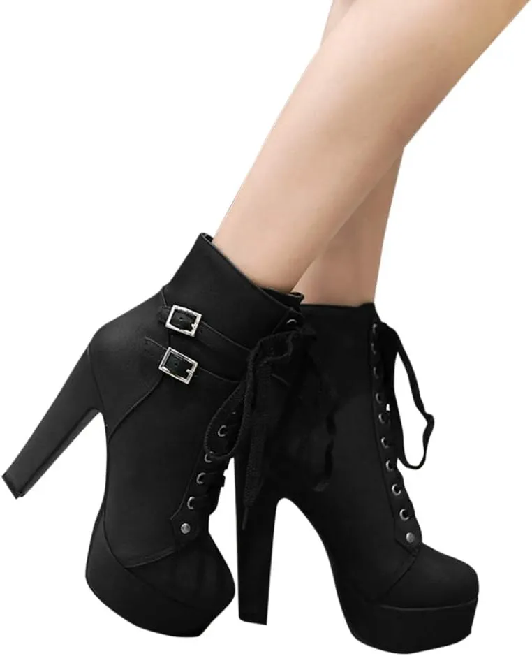 Susanny High Heel Boots for Women,Womens Platform Boot Heels Sexy Round Toe Lace UP High Heels Mid Calf Boots