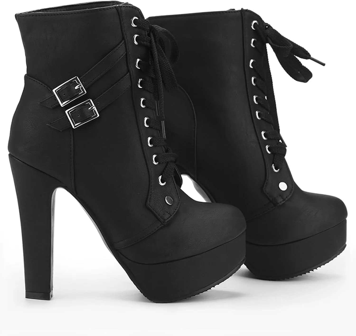 Susanny High Heel Boots for Women,Womens Platform Boot Heels Sexy Round Toe Lace UP High Heels Mid Calf Boots