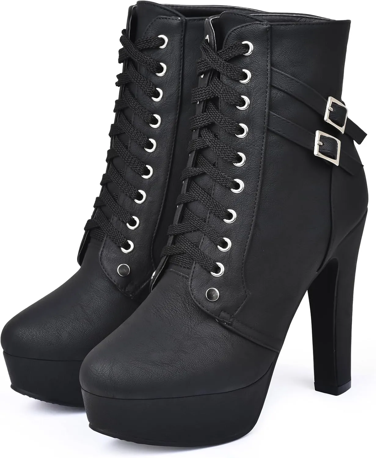 Susanny High Heel Boots for Women,Womens Platform Boot Heels Sexy Round Toe Lace UP High Heels Mid Calf Boots