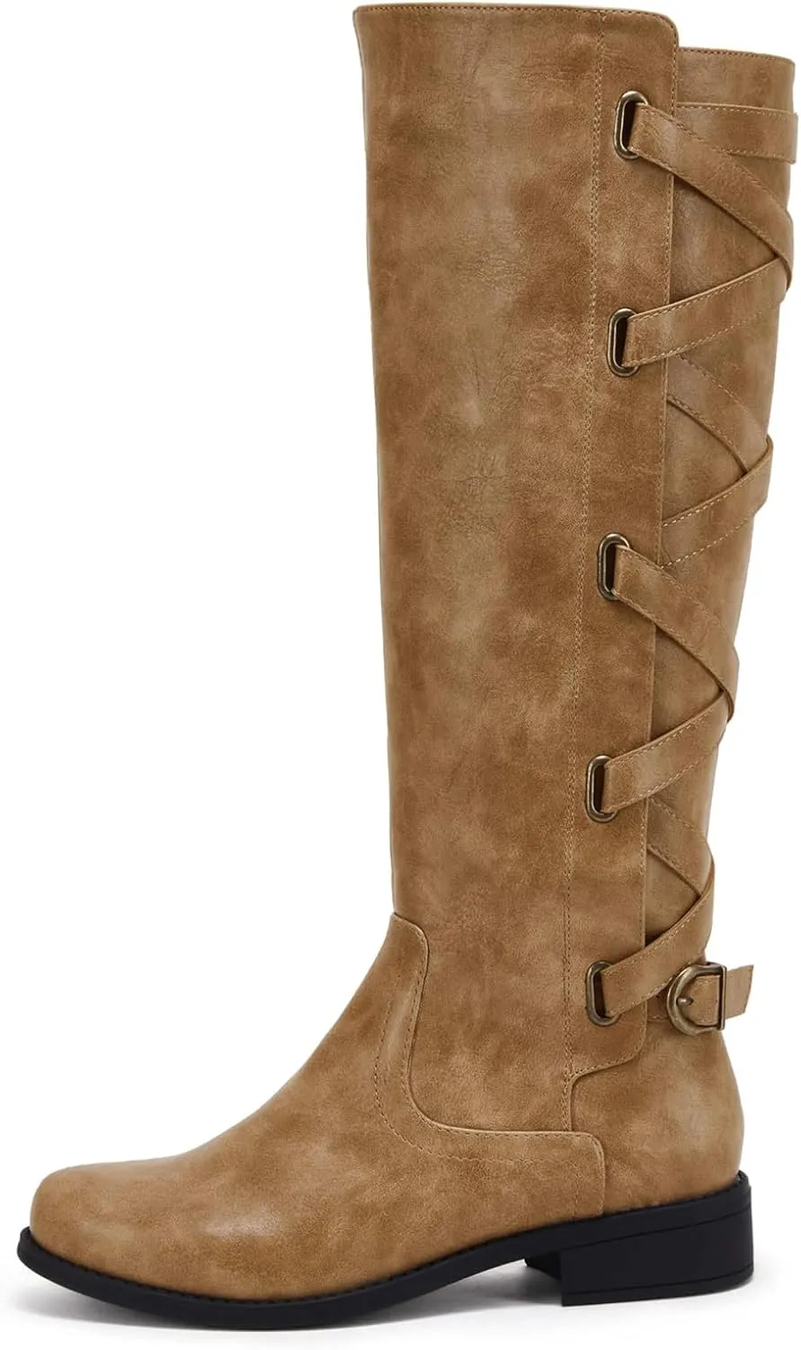 Syktkmx Womens Strappy Motorcycle Knee High Boots Winter Lace Up Riding Flat Low Heel Shoes