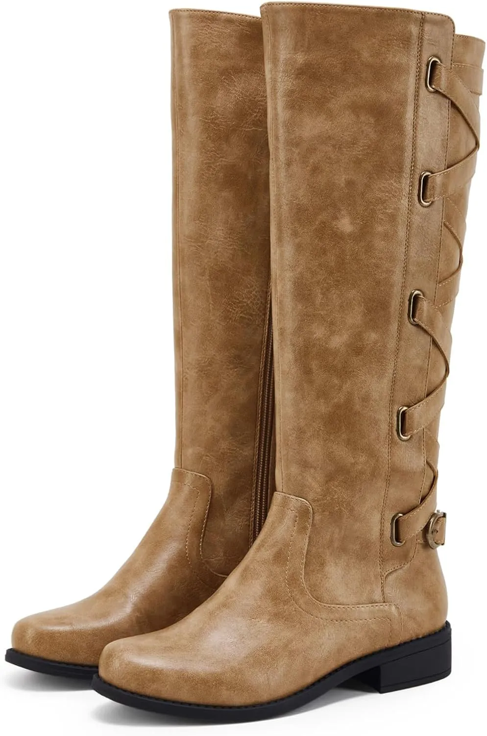 Syktkmx Womens Strappy Motorcycle Knee High Boots Winter Lace Up Riding Flat Low Heel Shoes