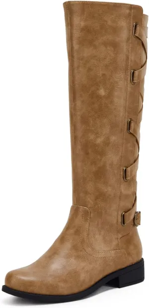 Syktkmx Womens Strappy Motorcycle Knee High Boots Winter Lace Up Riding Flat Low Heel Shoes