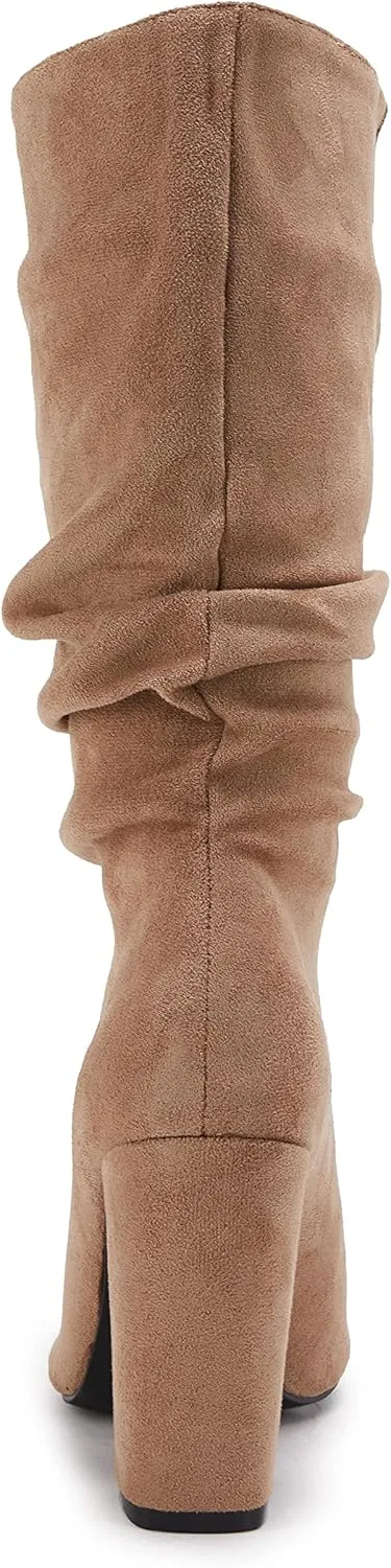 Syktkmx Womens Winter Slouchy High Heel Boots Mid Calf Suede Slip on Chunky Block Pointed Toe Boots