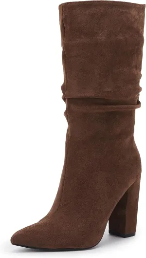 Syktkmx Womens Winter Slouchy High Heel Boots Mid Calf Suede Slip on Chunky Block Pointed Toe Boots