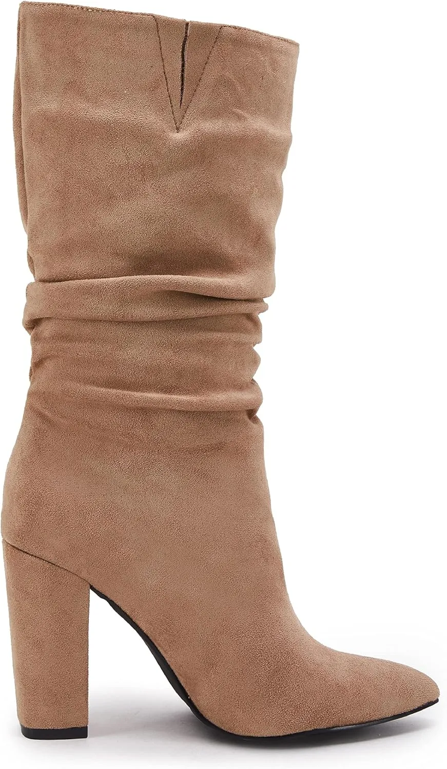 Syktkmx Womens Winter Slouchy High Heel Boots Mid Calf Suede Slip on Chunky Block Pointed Toe Boots
