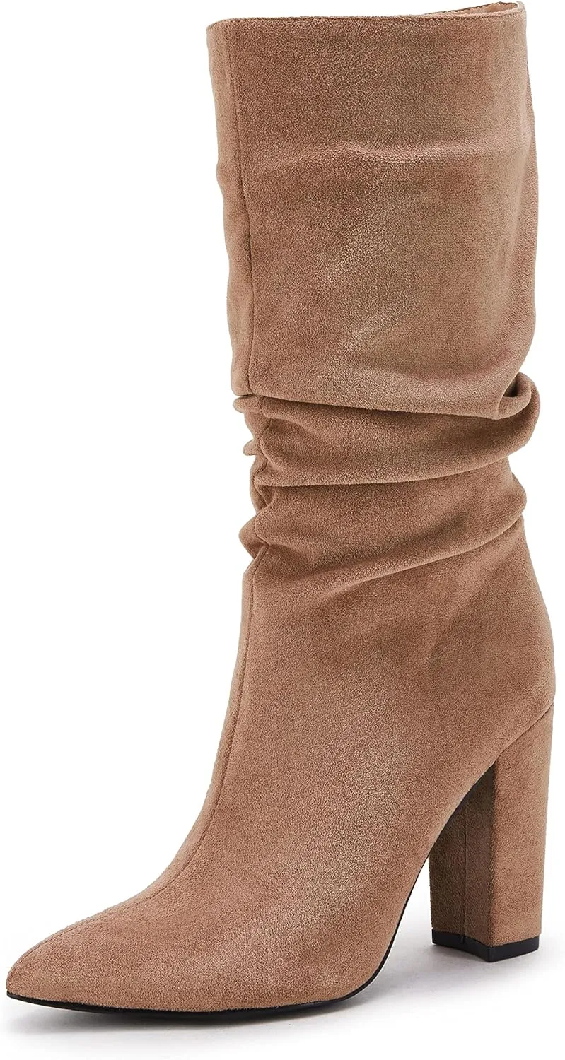 Syktkmx Womens Winter Slouchy High Heel Boots Mid Calf Suede Slip on Chunky Block Pointed Toe Boots