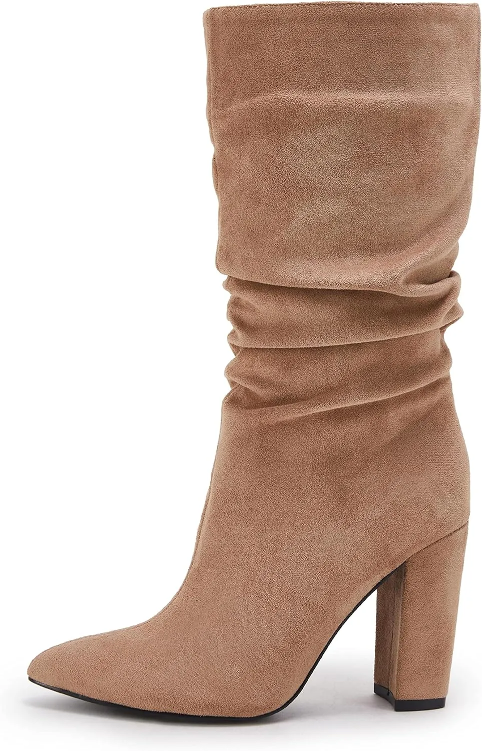 Syktkmx Womens Winter Slouchy High Heel Boots Mid Calf Suede Slip on Chunky Block Pointed Toe Boots