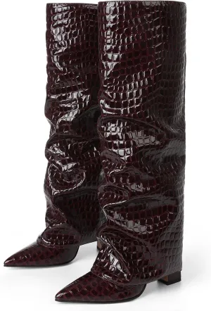 Synchoiss Womens Knee High Boots Wide Calf Chunky High Heel Boots Fashion Fold Over Leather Boots Pointed Toe Rubber Sole Winter Fall Boots Tall Boots for Women Pull on Trendy