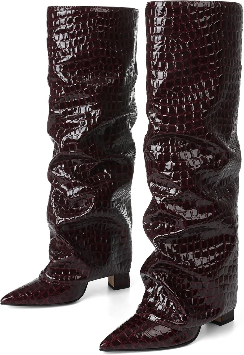 Synchoiss Womens Knee High Boots Wide Calf Chunky High Heel Boots Fashion Fold Over Leather Boots Pointed Toe Rubber Sole Winter Fall Boots Tall Boots for Women Pull on Trendy