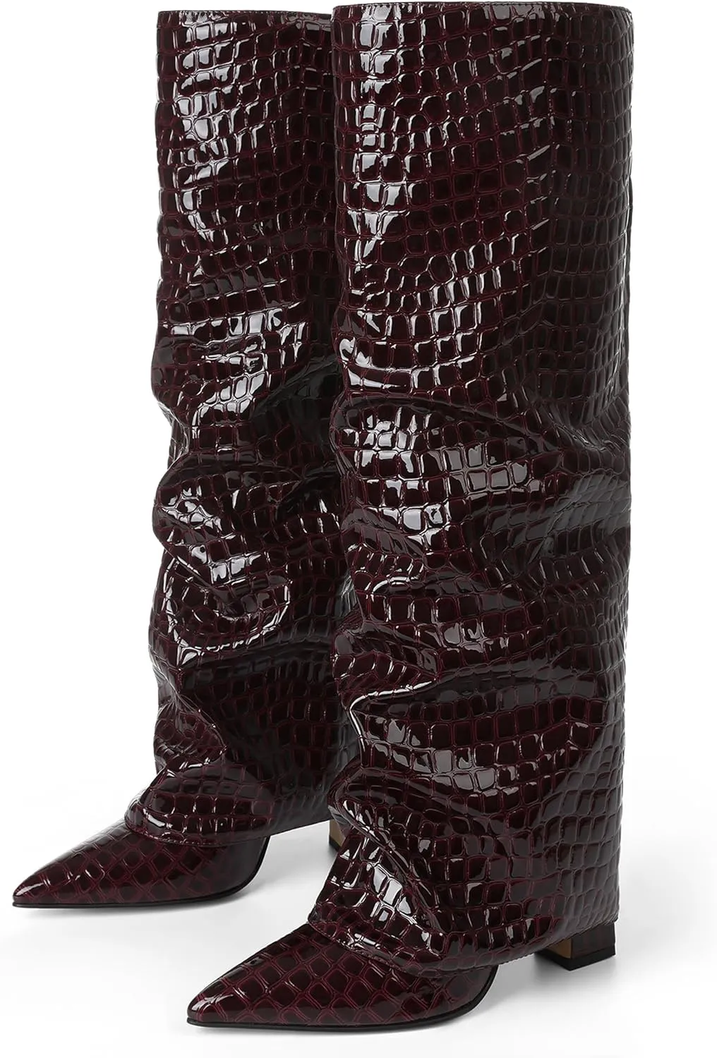 Synchoiss Womens Knee High Boots Wide Calf Chunky High Heel Boots Fashion Fold Over Leather Boots Pointed Toe Rubber Sole Winter Fall Boots Tall Boots for Women Pull on Trendy