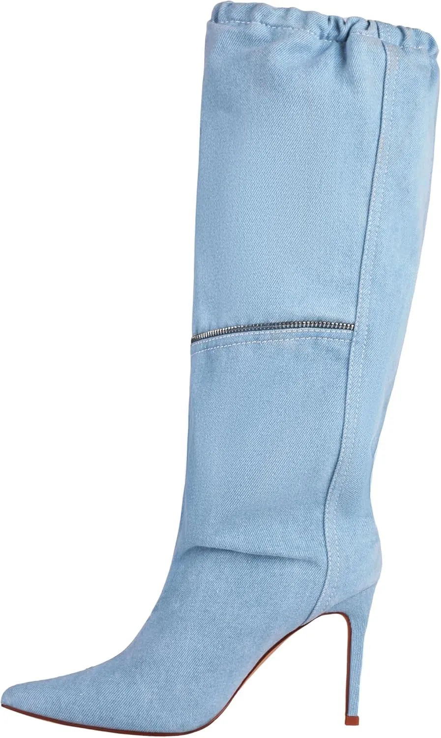 TAEPUSR Women's Stiletto Knee High Denim Pull On Cowgirl Mid Calf Boots Pointed Toe Western Cowboy Boots with Pockets and Zipper Decorate