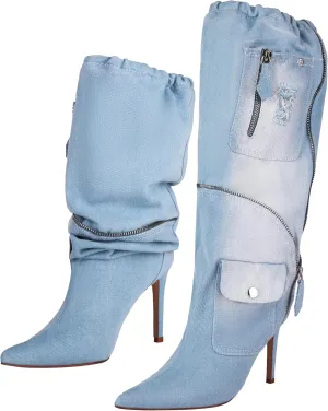 TAEPUSR Women's Stiletto Knee High Denim Pull On Cowgirl Mid Calf Boots Pointed Toe Western Cowboy Boots with Pockets and Zipper Decorate