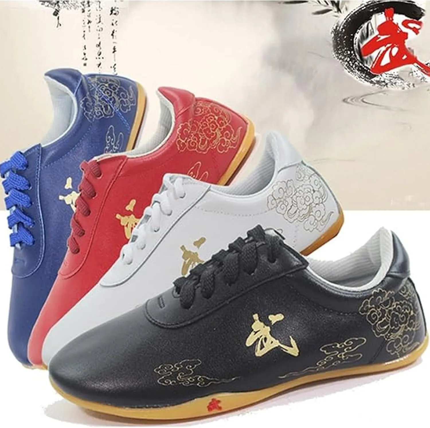 Taichi Women's Kungfu Training Sneakers - Leather Wide, Karate Martial Arts Tai Kwon Doe Sports Shoes - Red (Size:42EU, Color:D)