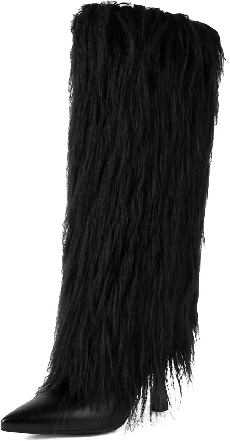 Tall Furry Boots for Women Stiletto Heel Fringe Faux Fur Knee High Boots