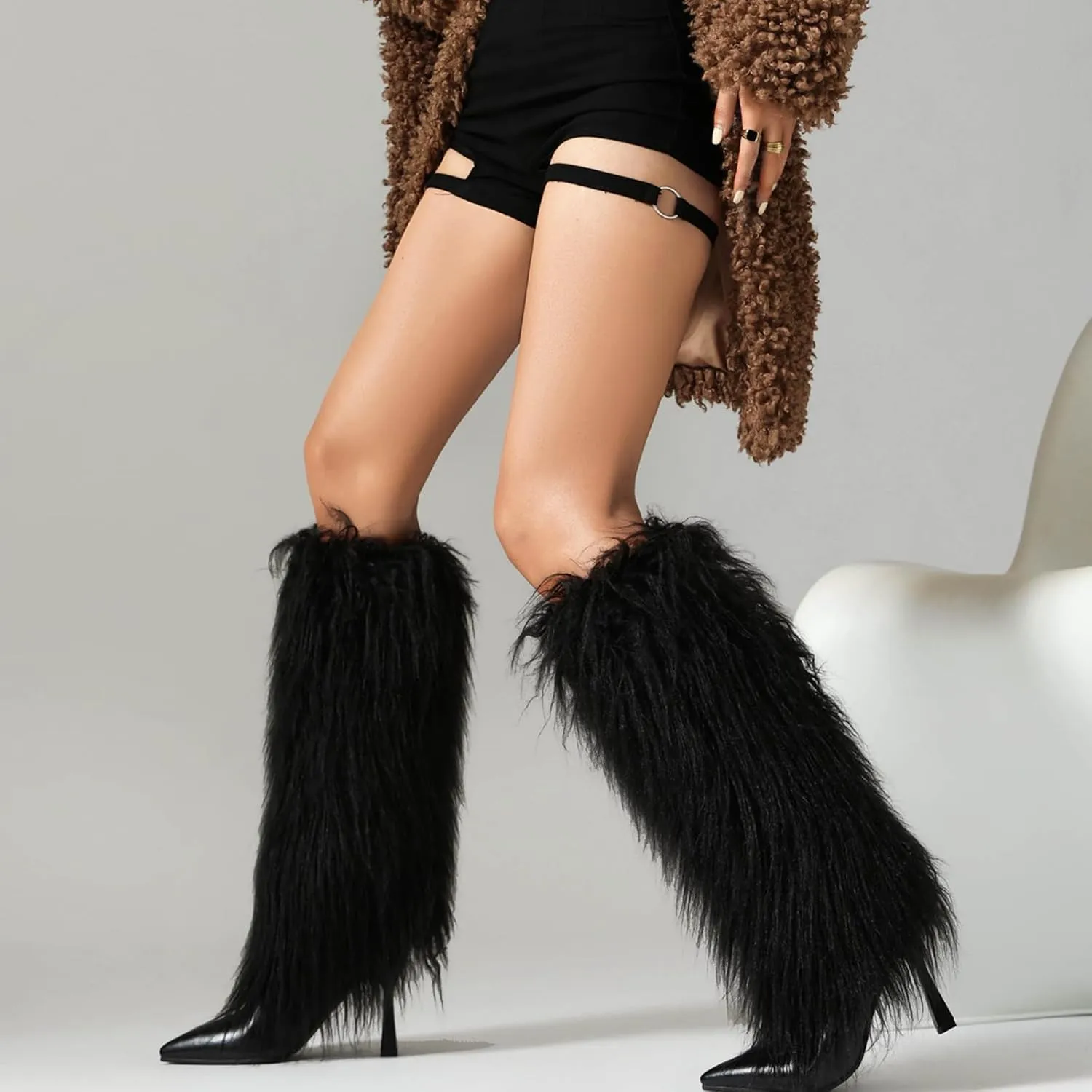 Tall Furry Boots for Women Stiletto Heel Fringe Faux Fur Knee High Boots