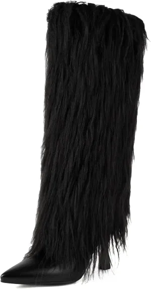 Tall Furry Boots for Women Stiletto Heel Fringe Faux Fur Knee High Boots