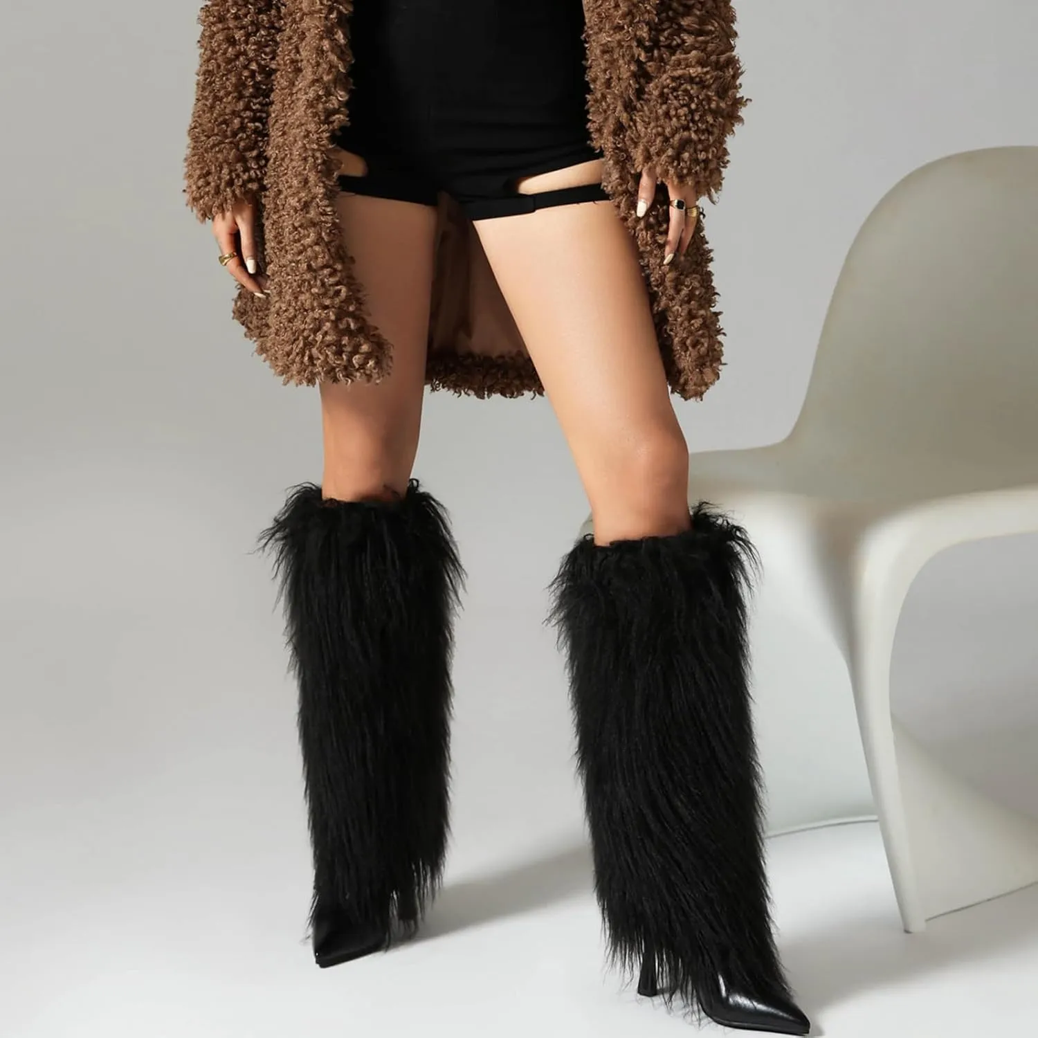 Tall Furry Boots for Women Stiletto Heel Fringe Faux Fur Knee High Boots