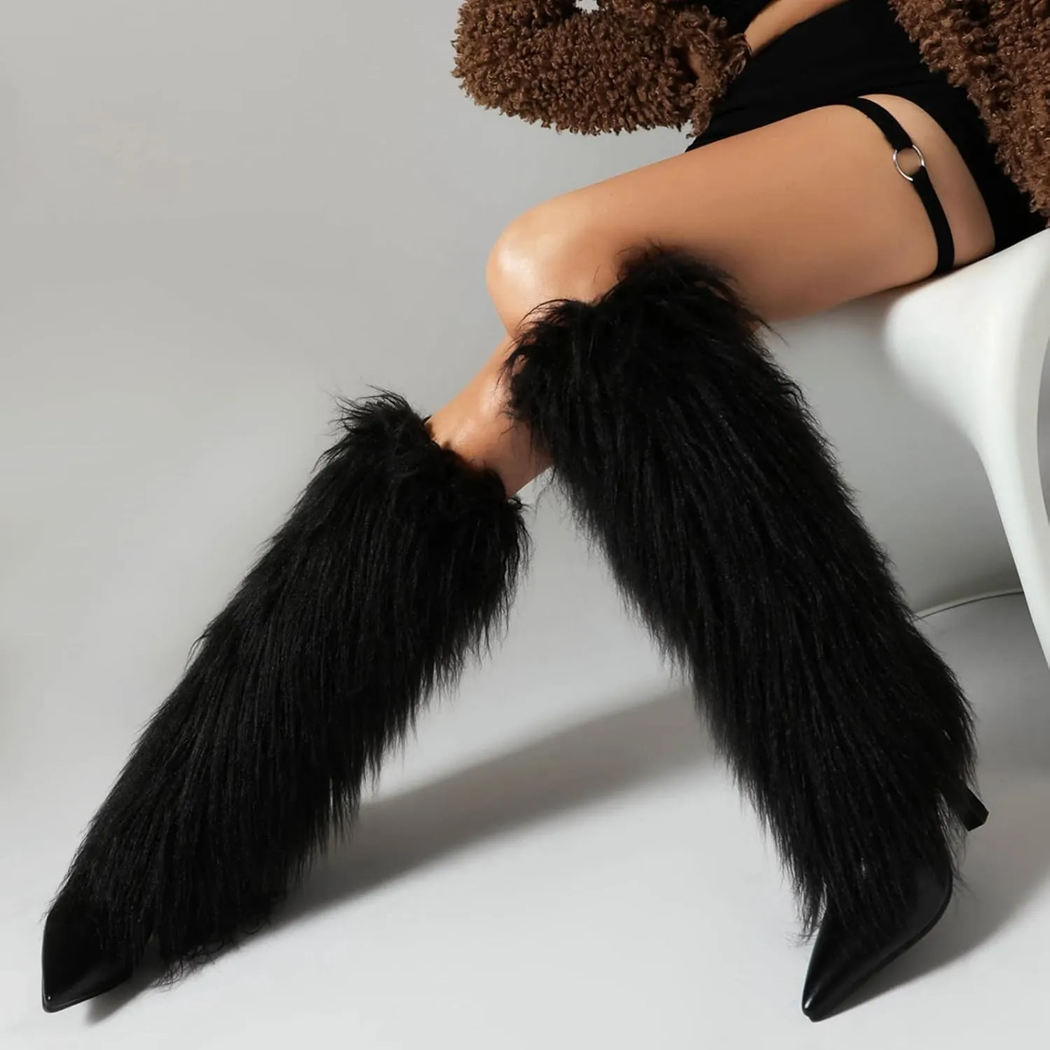 Tall Furry Boots for Women Stiletto Heel Fringe Faux Fur Knee High Boots