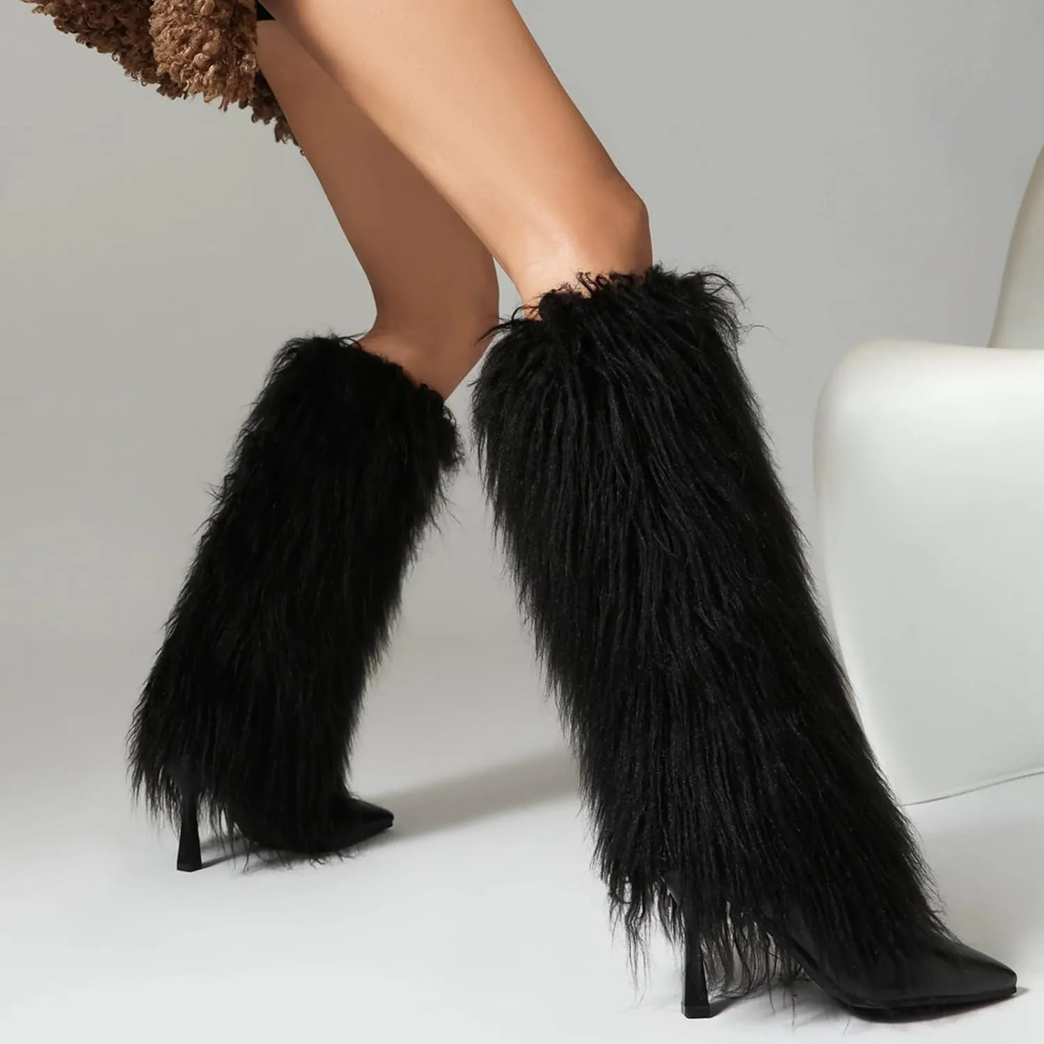 Tall Furry Boots for Women Stiletto Heel Fringe Faux Fur Knee High Boots