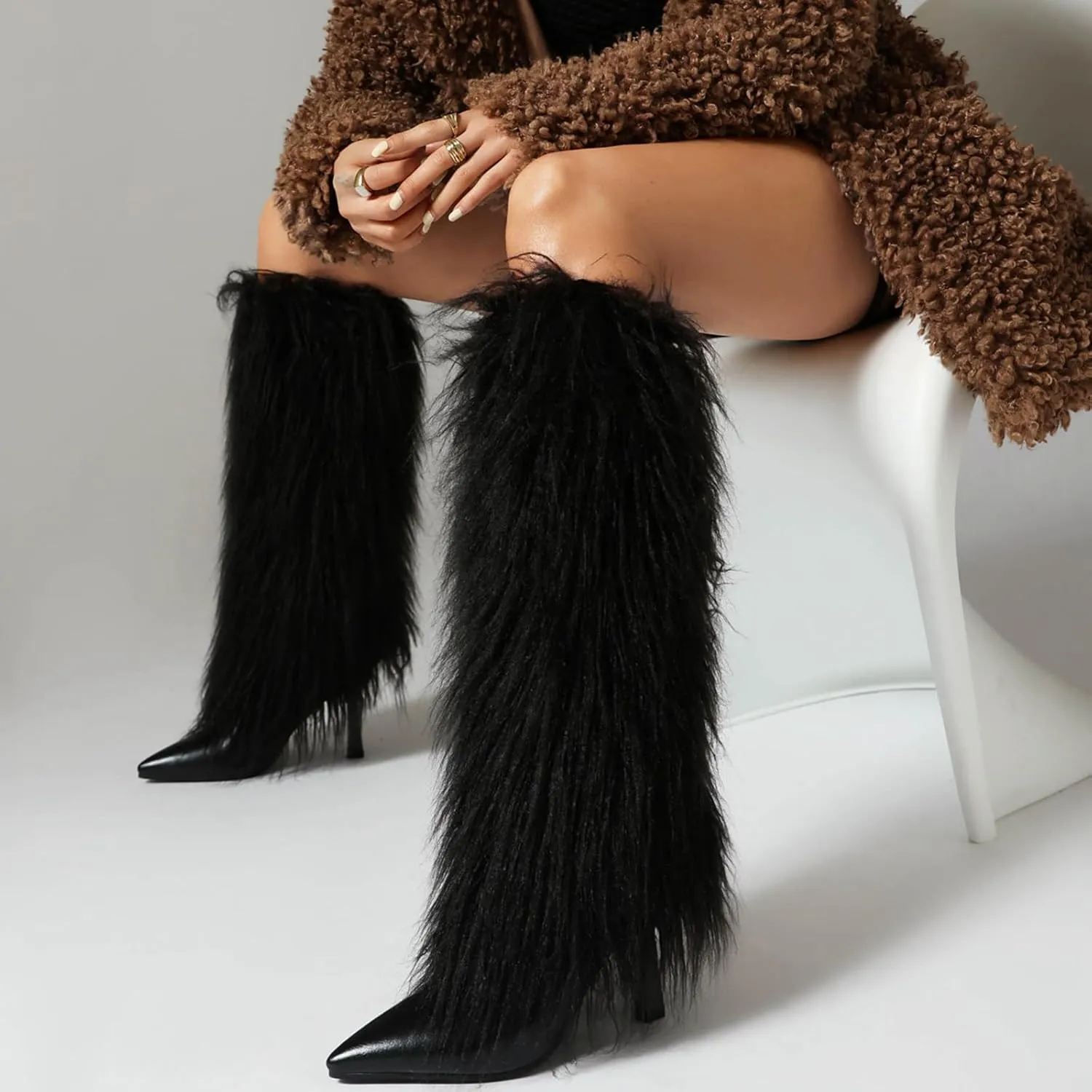 Tall Furry Boots for Women Stiletto Heel Fringe Faux Fur Knee High Boots