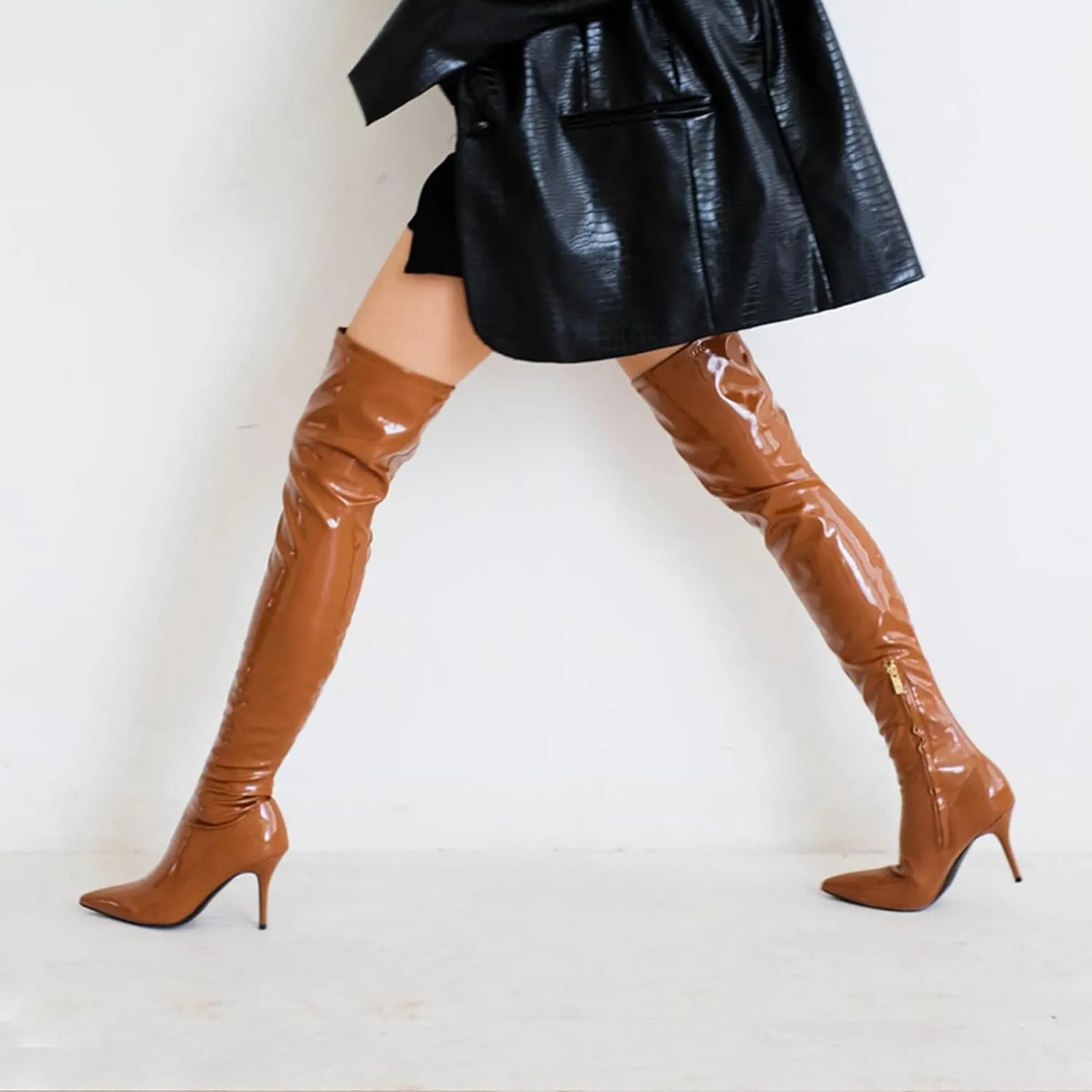 tan boots for women Over the knee high Sexy Black thigh high boots Side Zipper stiletto heels green brown stripper high heel purple boots