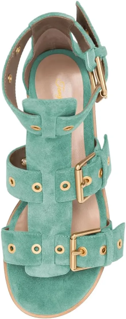 Tang'scuisins Women Chic Buckle Style Gladiator Sandals Ankle Strap Open Toe Buckle Flats Summer Beach Comfortable Shoes Size 4-16 US