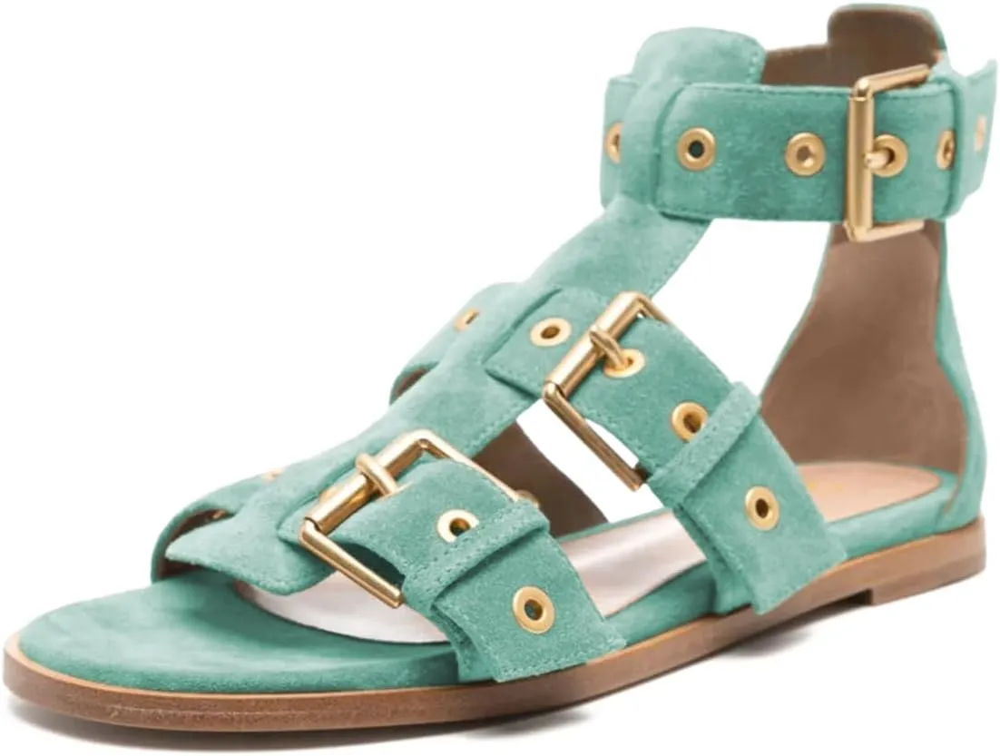 Tang'scuisins Women Chic Buckle Style Gladiator Sandals Ankle Strap Open Toe Buckle Flats Summer Beach Comfortable Shoes Size 4-16 US
