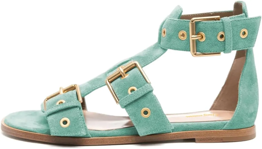 Tang'scuisins Women Chic Buckle Style Gladiator Sandals Ankle Strap Open Toe Buckle Flats Summer Beach Comfortable Shoes Size 4-16 US