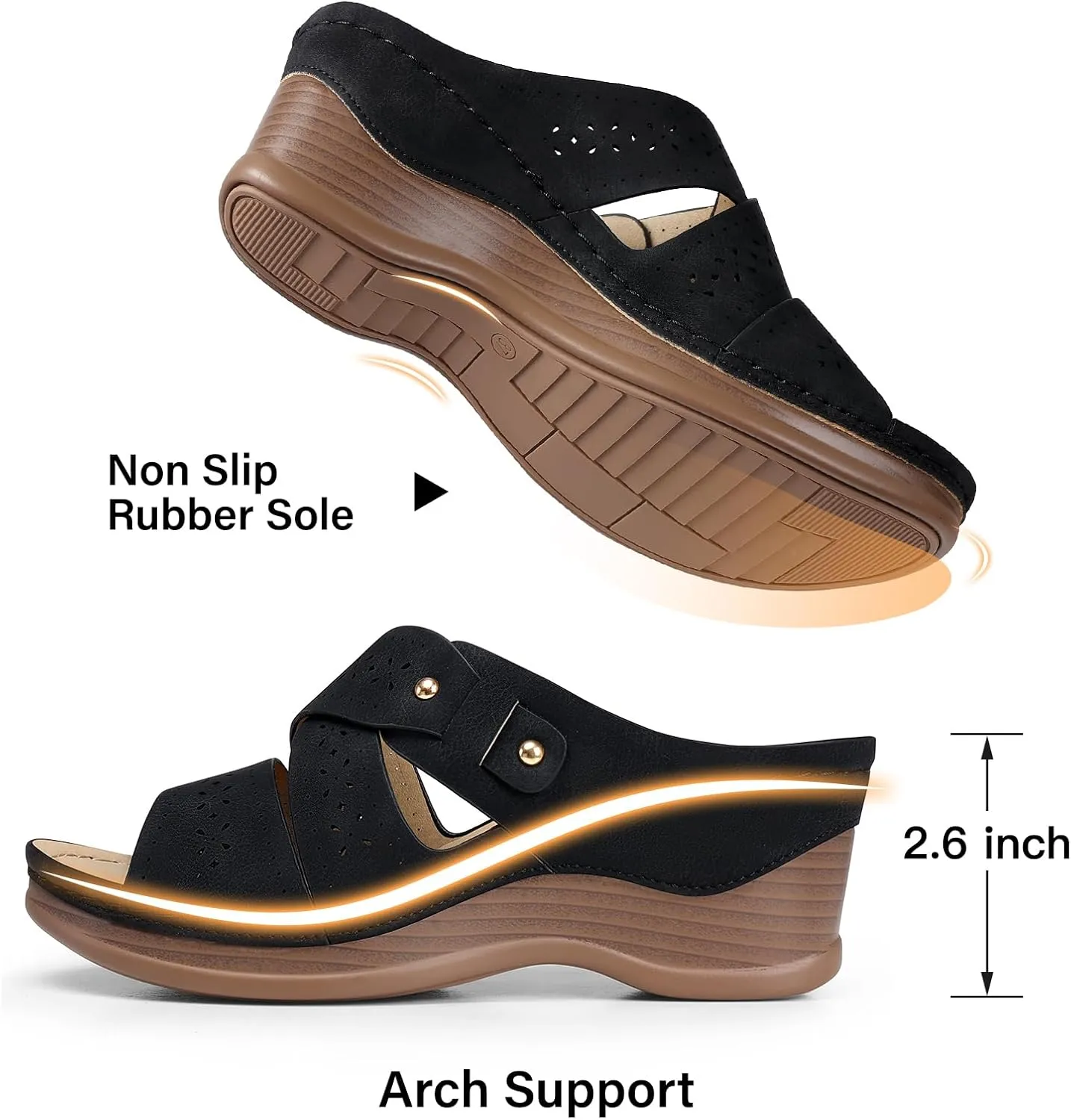TEMOFON Wedge Sandals for Women Summer: Dressy Low Heel Sandals Black/Navy/White, Comfortable Walking, Arch support, Casual Slip on Summer Shoes, Size 5-11