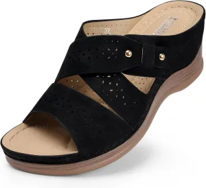 TEMOFON Wedge Sandals for Women Summer: Dressy Low Heel Sandals Black/Navy/White, Comfortable Walking, Arch support, Casual Slip on Summer Shoes, Size 5-11