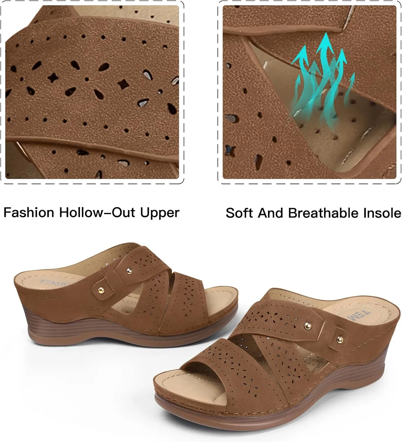 TEMOFON Wedge Sandals for Women Summer: Dressy Low Heel Sandals Black/Navy/White, Comfortable Walking, Arch support, Casual Slip on Summer Shoes, Size 5-11