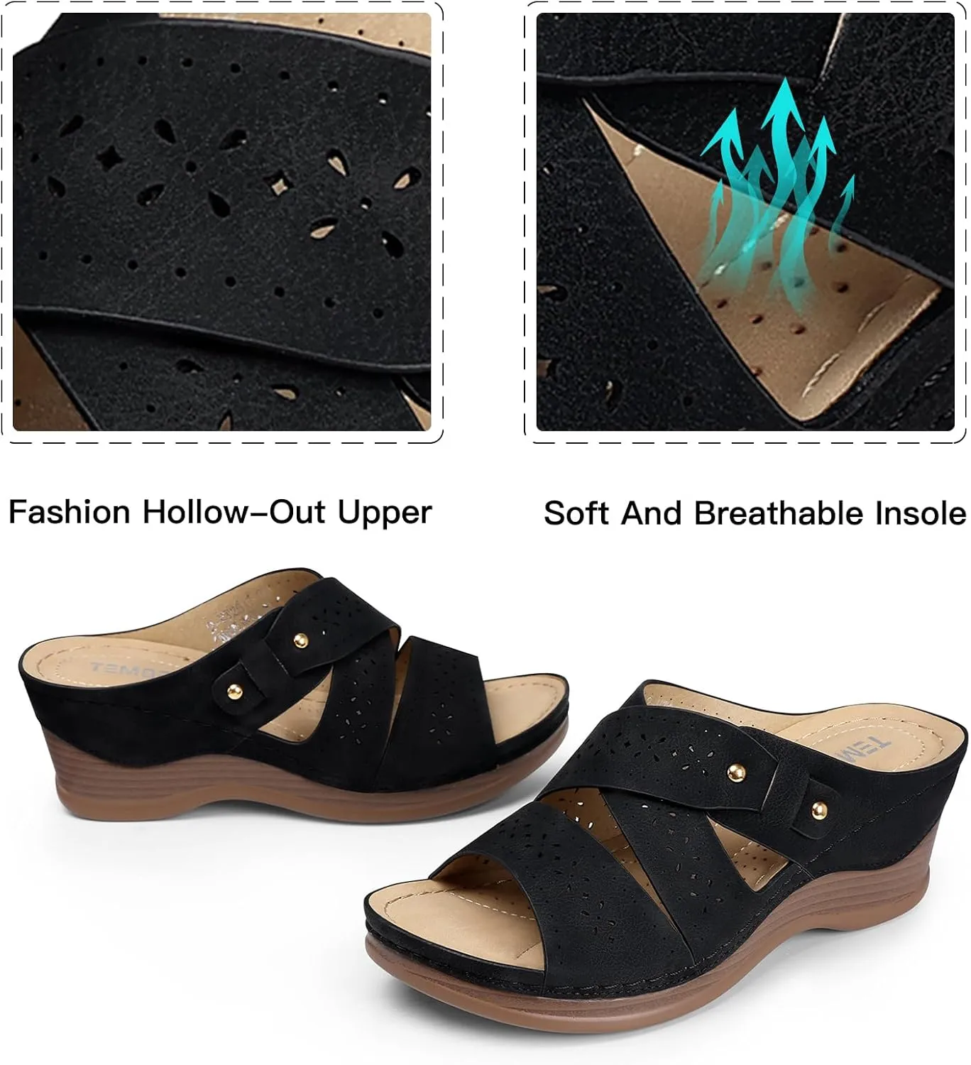 TEMOFON Wedge Sandals for Women Summer: Dressy Low Heel Sandals Black/Navy/White, Comfortable Walking, Arch support, Casual Slip on Summer Shoes, Size 5-11