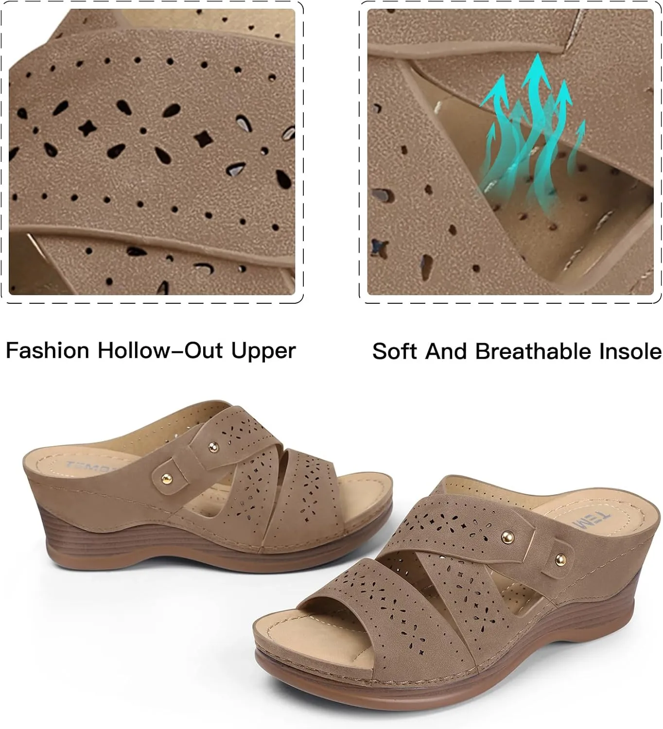 TEMOFON Wedge Sandals for Women Summer: Dressy Low Heel Sandals Black/Navy/White, Comfortable Walking, Arch support, Casual Slip on Summer Shoes, Size 5-11