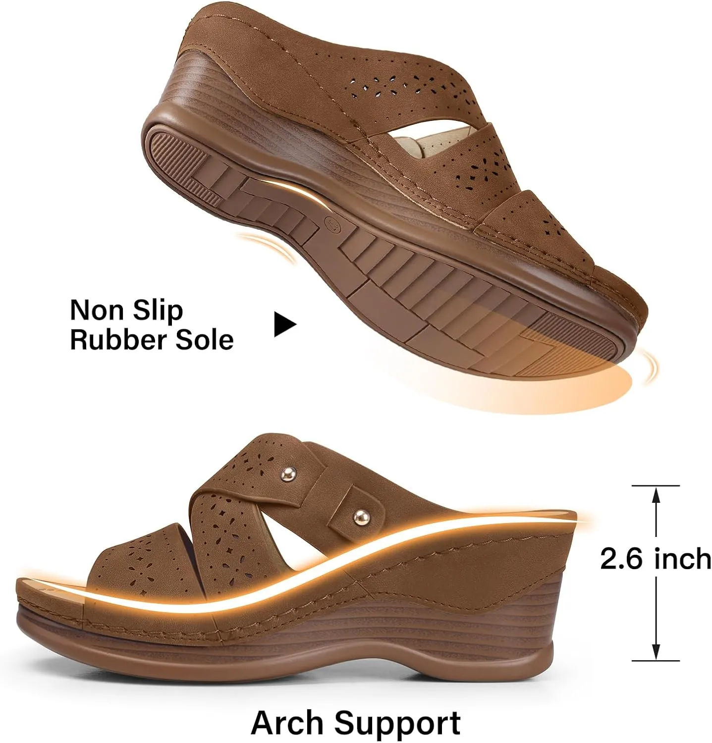 TEMOFON Wedge Sandals for Women Summer: Dressy Low Heel Sandals Black/Navy/White, Comfortable Walking, Arch support, Casual Slip on Summer Shoes, Size 5-11