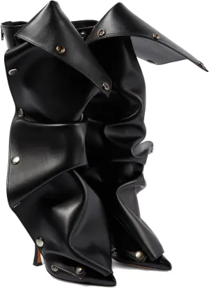 THESHY Women's Denim Knee High Boots Buttons Fashion Thigh High Boots Pointed Toe Stiletto High Heel Pleated Fold Over Party Dress Jean Boots for Women
