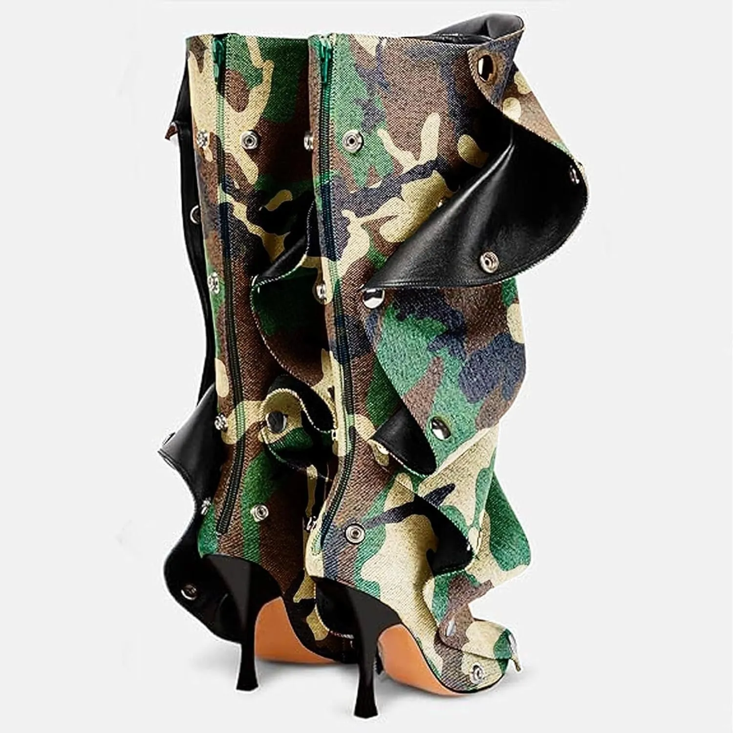 THESHY Women's Denim Knee High Boots Buttons Fashion Thigh High Boots Pointed Toe Stiletto High Heel Pleated Fold Over Party Dress Jean Boots for Women