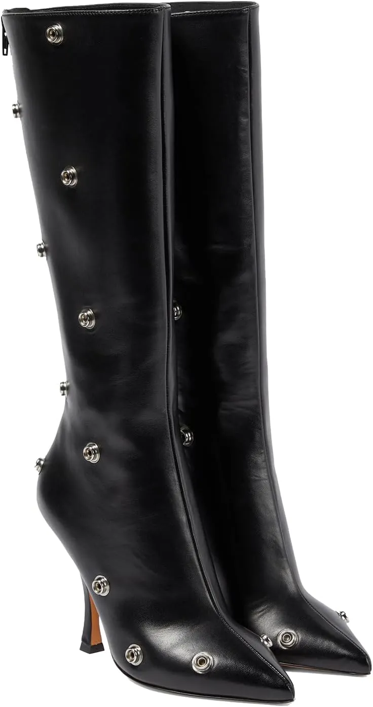 THESHY Women's Denim Knee High Boots Buttons Fashion Thigh High Boots Pointed Toe Stiletto High Heel Pleated Fold Over Party Dress Jean Boots for Women