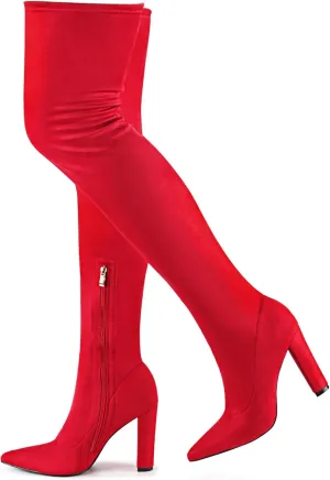 Thigh High Boots Women Chunky Heels Over The Knee Boots Pointed Toe Block Heeled Stretch Sexy High Heel Knee High Boots Side Zipper Long Boots