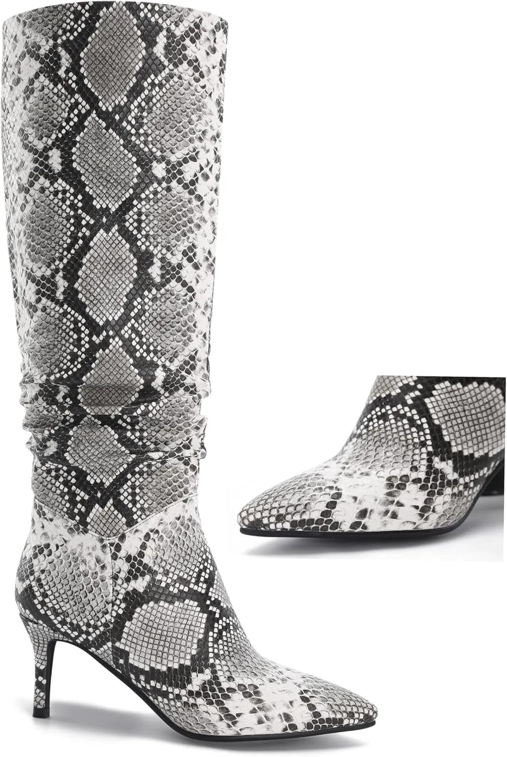Thigh High Knee High Snake Boots for Women Slouchy Leg Stiletto Heel Pointed Toe Side Zipper Snake Print PU Leather Sexy Dress Long Boots