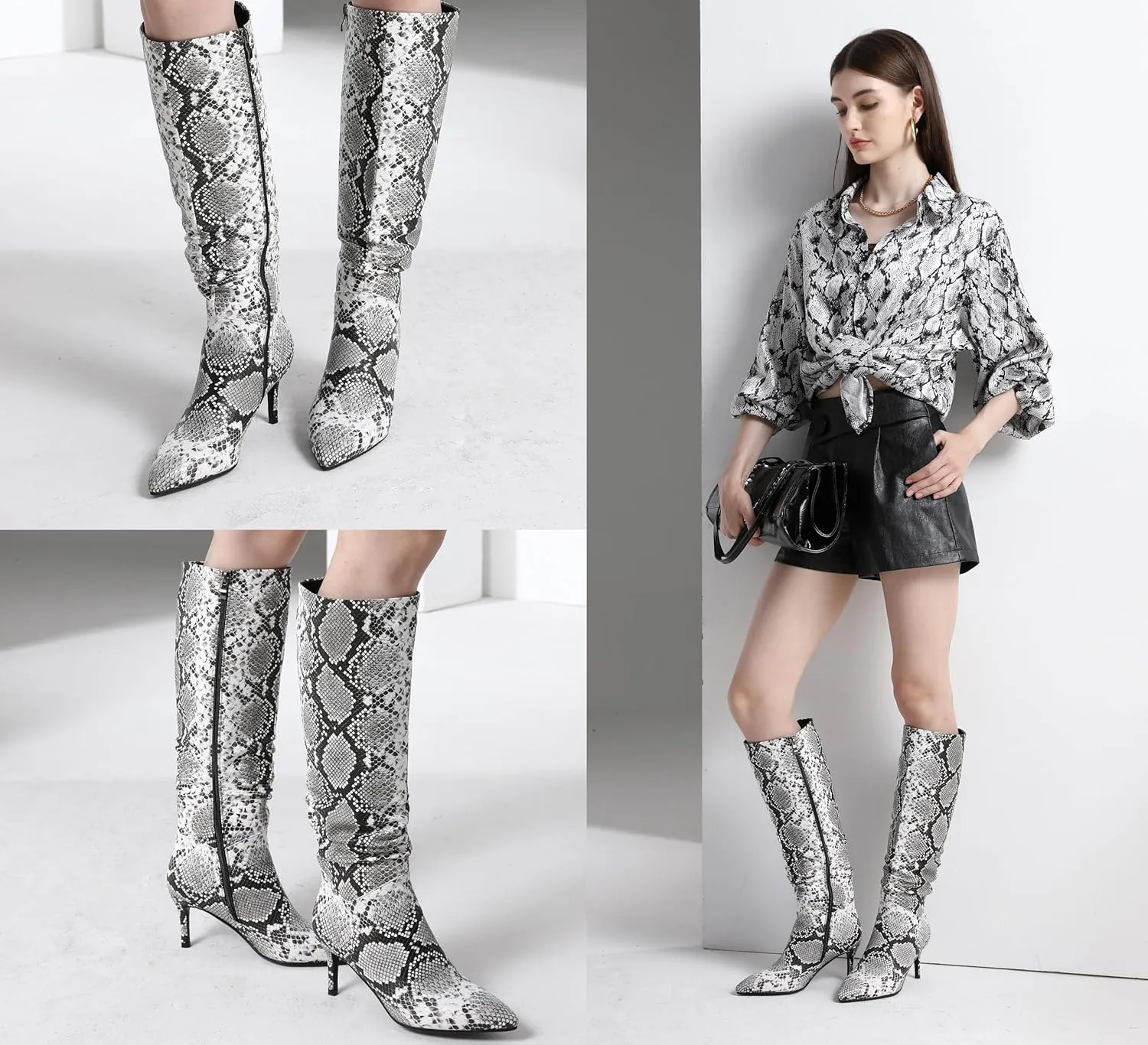 Thigh High Knee High Snake Boots for Women Slouchy Leg Stiletto Heel Pointed Toe Side Zipper Snake Print PU Leather Sexy Dress Long Boots