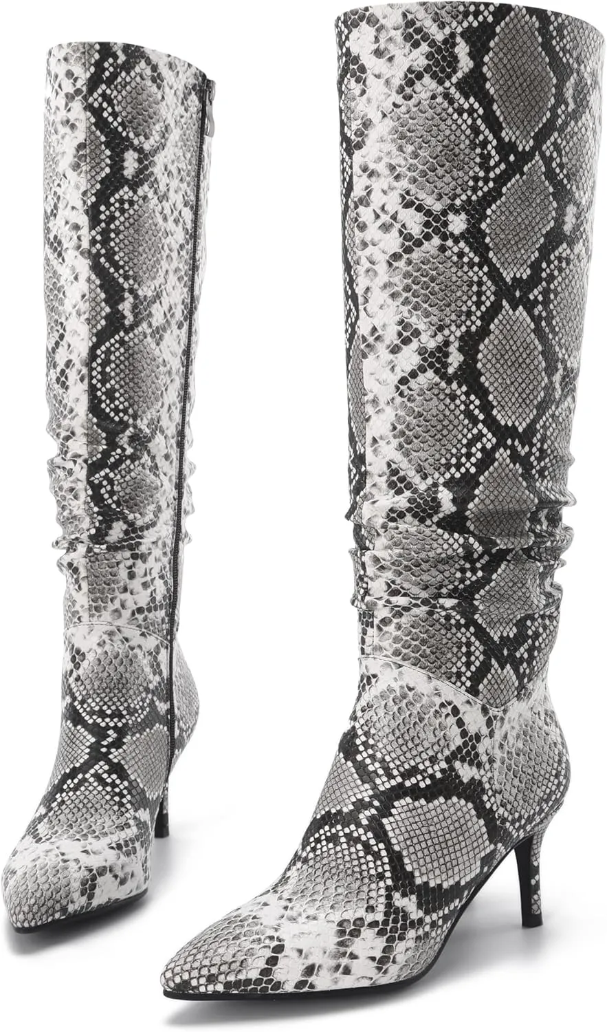 Thigh High Knee High Snake Boots for Women Slouchy Leg Stiletto Heel Pointed Toe Side Zipper Snake Print PU Leather Sexy Dress Long Boots