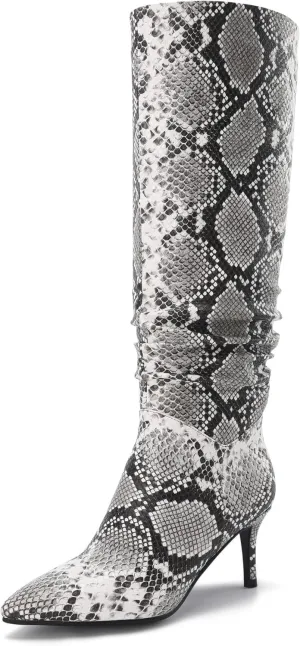 Thigh High Knee High Snake Boots for Women Slouchy Leg Stiletto Heel Pointed Toe Side Zipper Snake Print PU Leather Sexy Dress Long Boots