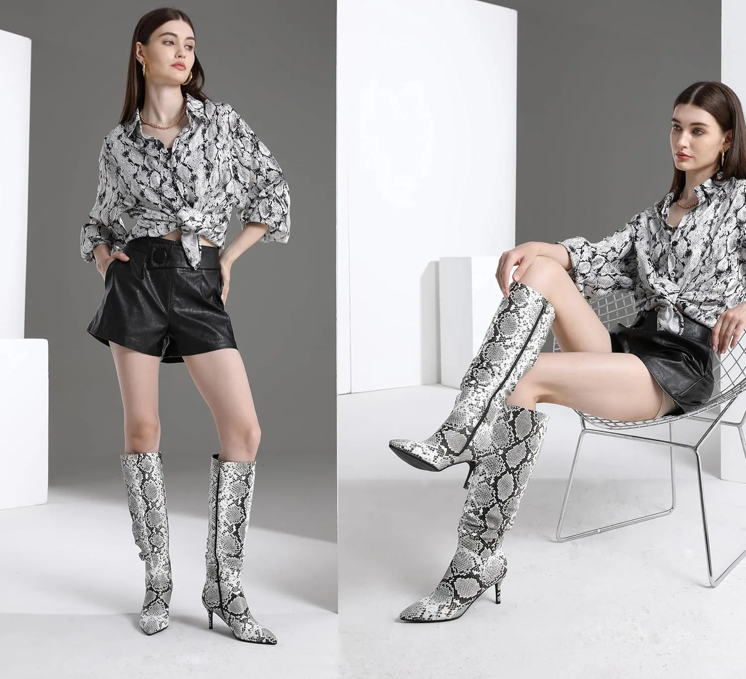 Thigh High Knee High Snake Boots for Women Slouchy Leg Stiletto Heel Pointed Toe Side Zipper Snake Print PU Leather Sexy Dress Long Boots
