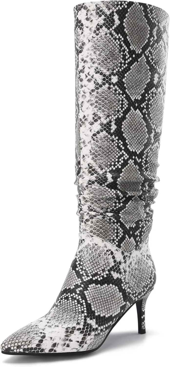 Thigh High Knee High Snake Boots for Women Slouchy Leg Stiletto Heel Pointed Toe Side Zipper Snake Print PU Leather Sexy Dress Long Boots