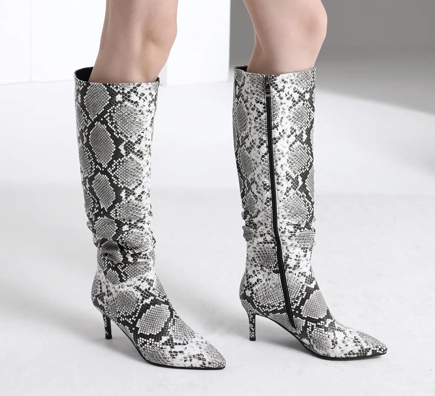 Thigh High Knee High Snake Boots for Women Slouchy Leg Stiletto Heel Pointed Toe Side Zipper Snake Print PU Leather Sexy Dress Long Boots
