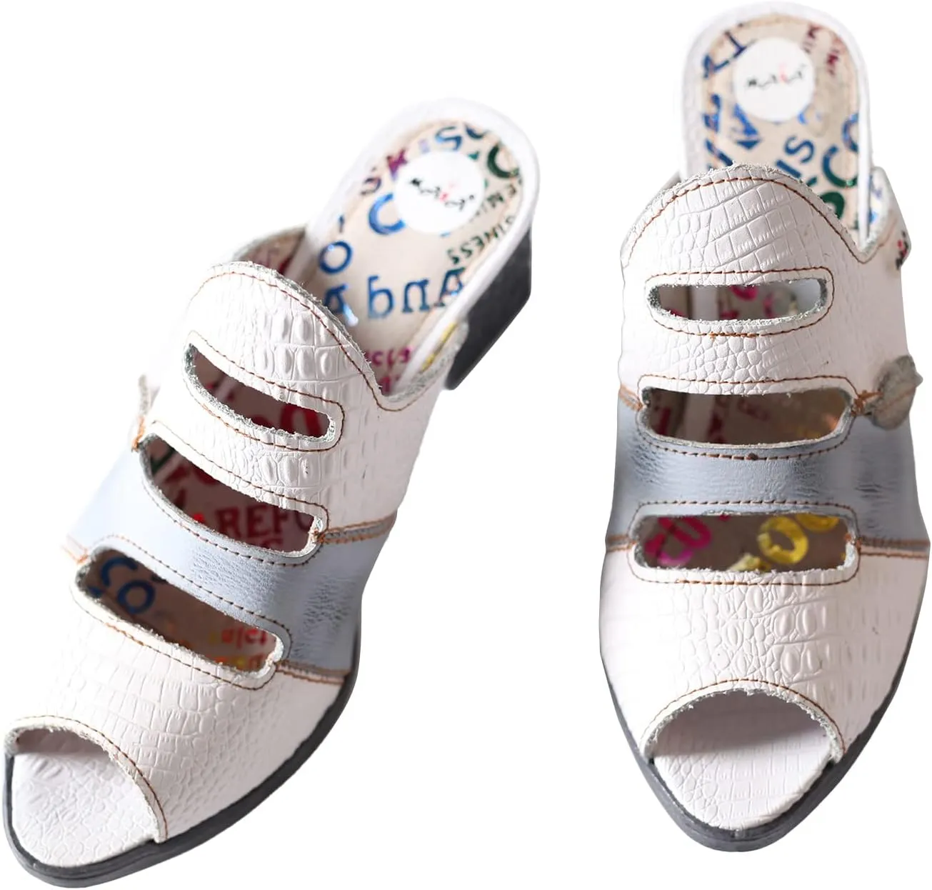TMA EYES & MAiA Women Hollow-out Printed Leather Sandals Spliced Mid-Heeled Sandals