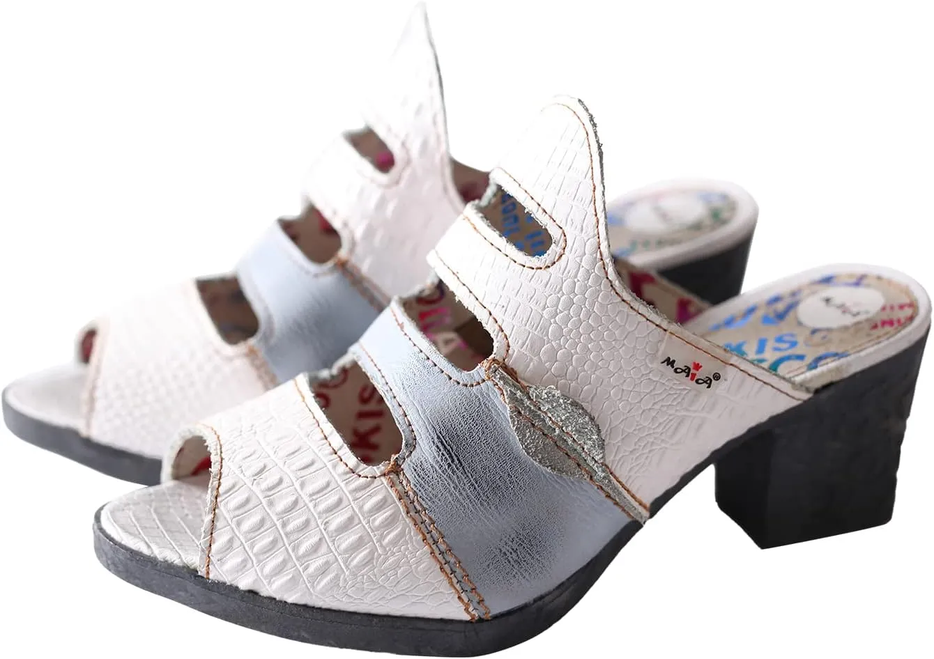 TMA EYES & MAiA Women Hollow-out Printed Leather Sandals Spliced Mid-Heeled Sandals