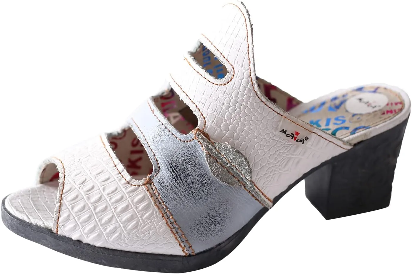 TMA EYES & MAiA Women Hollow-out Printed Leather Sandals Spliced Mid-Heeled Sandals
