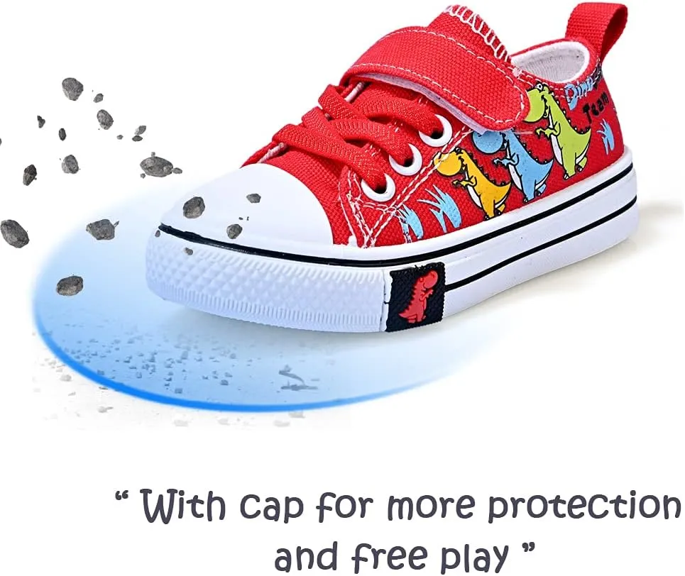 Toddler Boys Girls Slip On Canvas Sneakers Cartoon Dinasour Printed Little Kid Unisex Adjustable Strap Walking Shoes Lazy Shoes with Hook and Loops