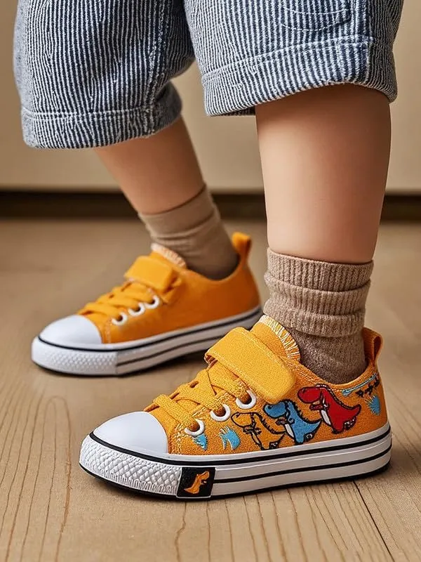 Toddler Boys Girls Slip On Canvas Sneakers Cartoon Dinasour Printed Little Kid Unisex Adjustable Strap Walking Shoes Lazy Shoes with Hook and Loops
